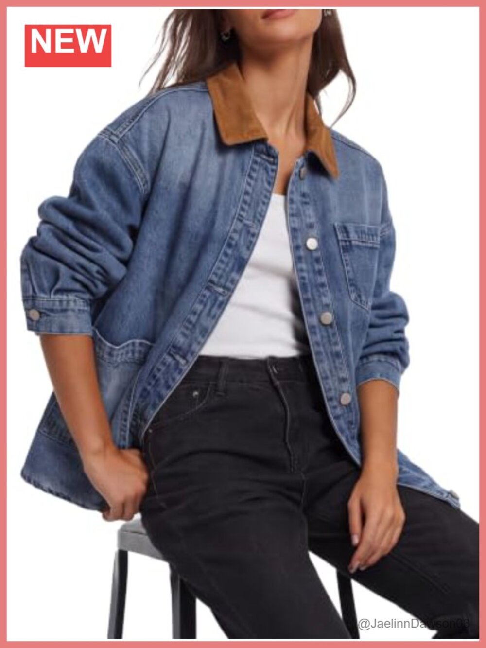Women's Oversized Denim Jacket Button Down Jean Coat - Picture 3 of 5